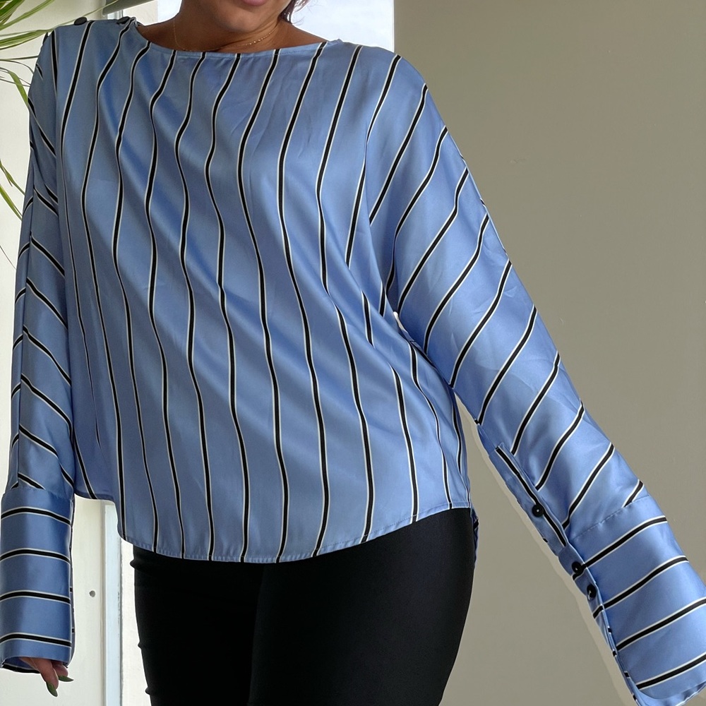 NWOT Silky Blue Stripe Long Sleeve MANGO 8